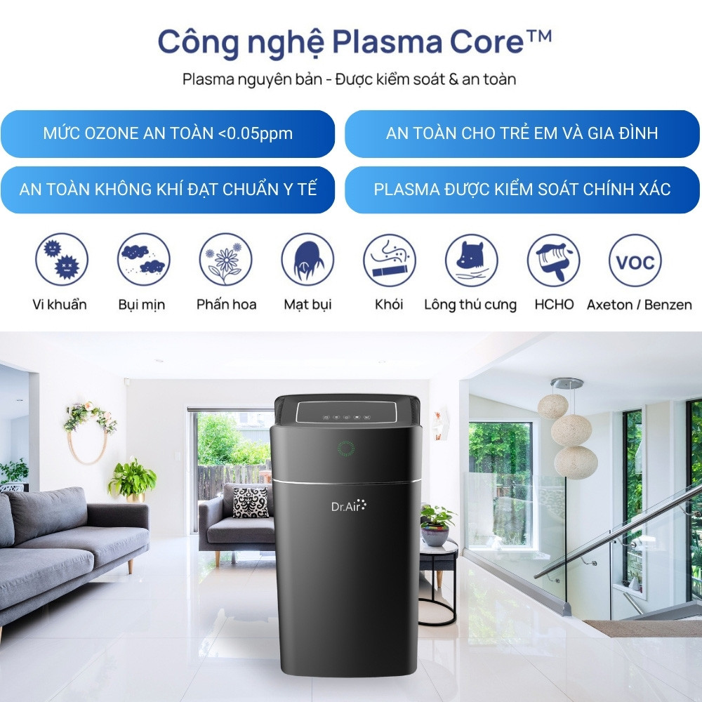 máy lọc không khí cao cấp sử dụng công nghệ Plasma Core giúp loại bỏ bụi mịn và vi khuẩn trong không gian sống
