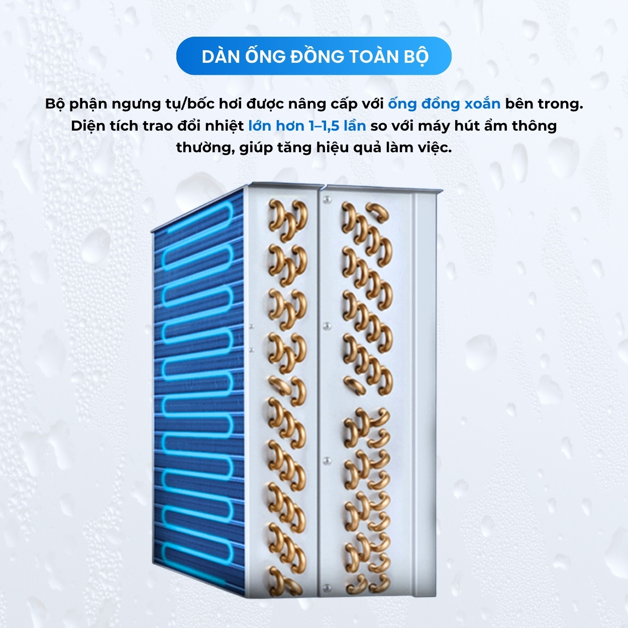 Diện tích trao đổi nhiệt của máy hút ẩm không khí công nghiệp Dr.Air lớn hơn so với máy hút ẩm thông thường, giúp tăng hiệu quả vận hành