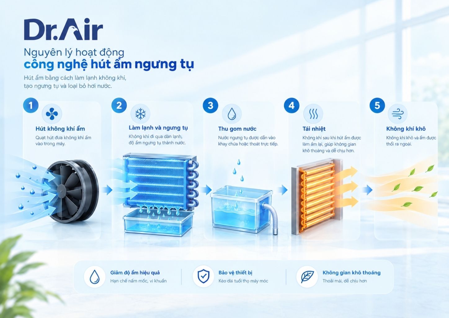 Nguyên lý hoạt động của công nghệ hút ẩm ngưng tụ của máy hút ẩm công nghiệp Dr.Air